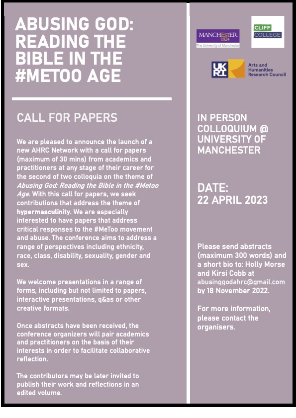 Call for Papers poster for Abusing God colloquium 2 on hypermasculinity