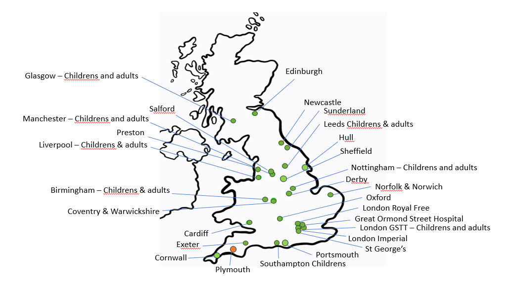 Image of the UK with Alport RaDaR enrichment participating sites mapped