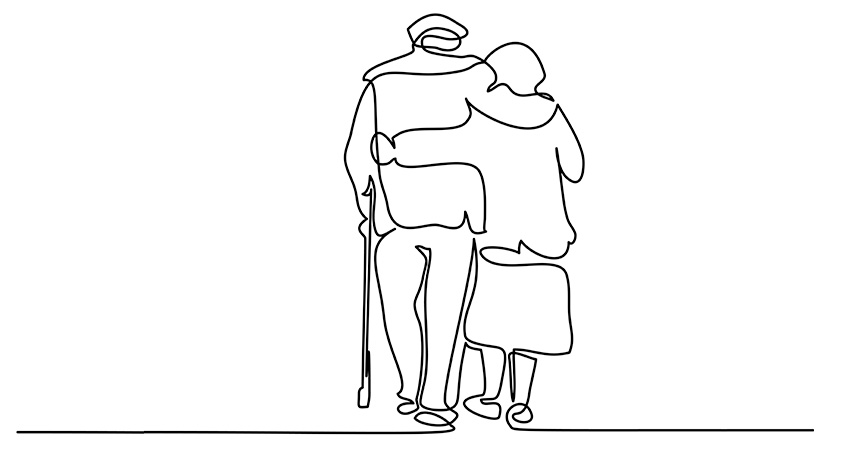 A line drawing of an older couple walking with arms around each other.