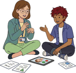 Illustration of a woman and a child talking. On the floor in front of them is a tablet and some sheets of paper.