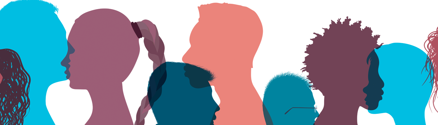 A colourful graphic featuring silhouettes of people's heads.
