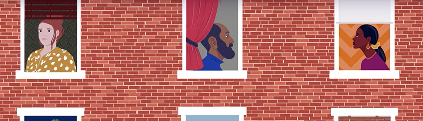An illustration of people sat at different windows in a building.