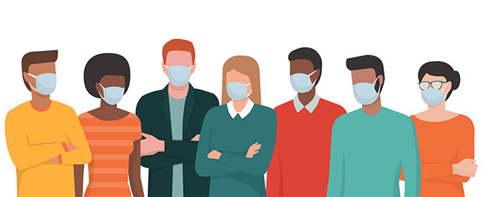 Group of people wearing surgical masks and standing together, prevention and safety procedures concept.