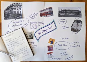 Completed 'Teenage years' biographical map with photos, notes, pictures and notebook of memories