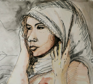 Pen and ink drawing of girl in headscarf by Rand Aljundi