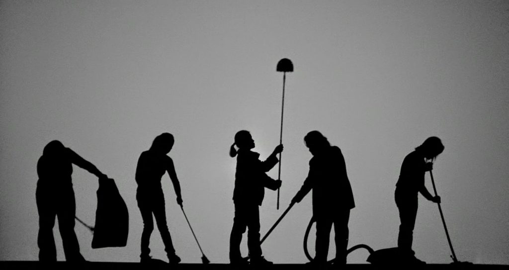 Figures of people cleaning, mopping, sweeping and vacuuming are shown as silhouettes against a grey background