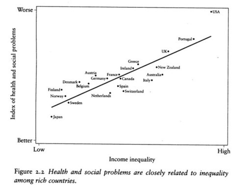 A graph showing how countries with greater inequality - e.g. the USA, Portugal and the UK appear to have greater social problems that those which don't - e.g. Japan, Norway, Sweden.