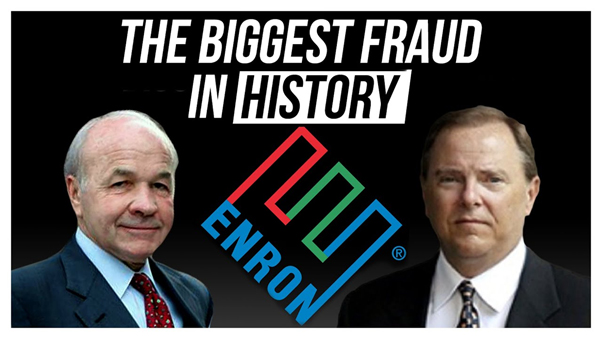 Kenneth Lay and Jeffrey Skilling pictured in portrait beside a large enron Logo under the caption: 'the biggest fraud in history'