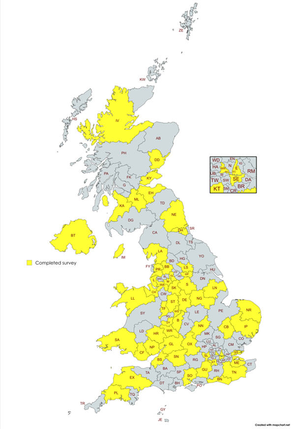 Survey response map of counties across U.K.