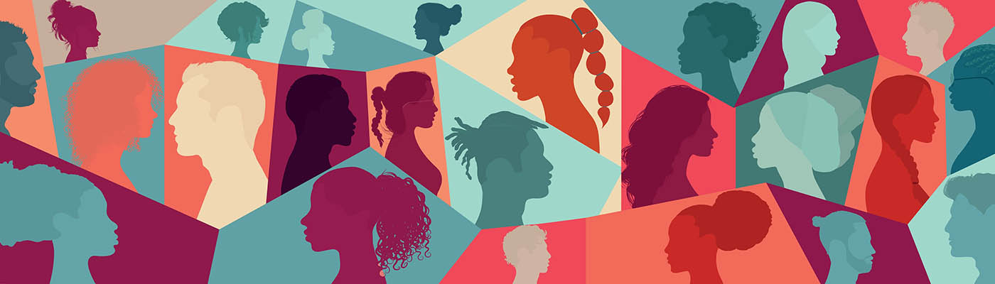 Silhouette profile group of men and women of diverse cultures.