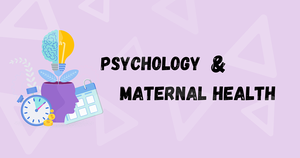 Black text saying "psychology and maternal health" on a light purple background, with an icon of a lightbulb growing out of a head on the left.