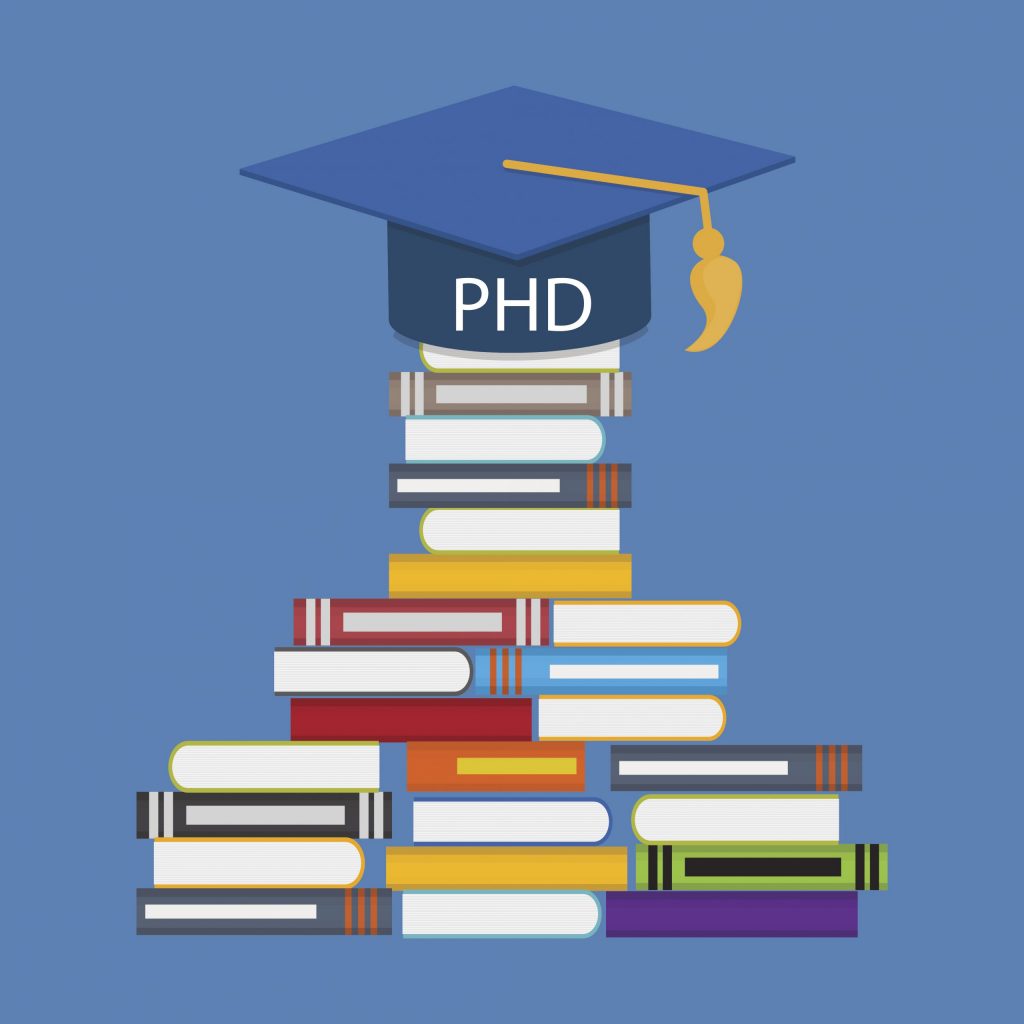 image of books with a graduation cap at the top saying PhD