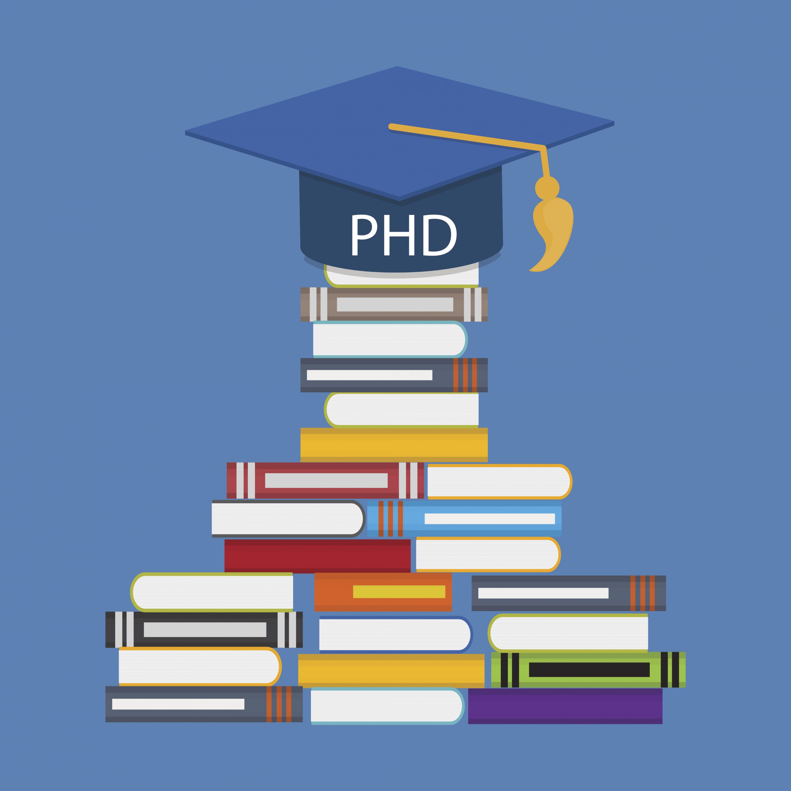 phd image of books with a graduation cap at the top saying PhD