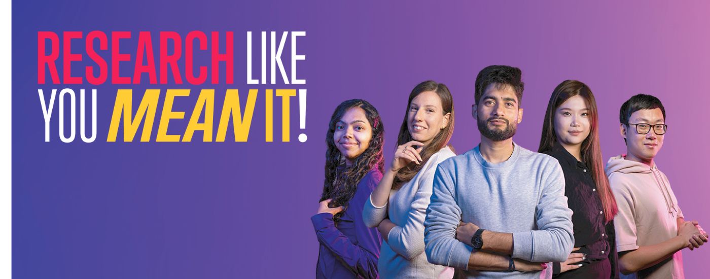 Research Like You Mean It Blog Header Five students facing the camera with a purple hue background. Text reads 'Research Like You Mean It'