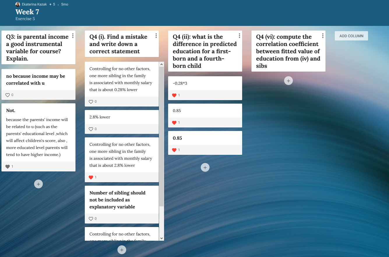 An example of Padlet showing questions posed by the lecturer and answers from students