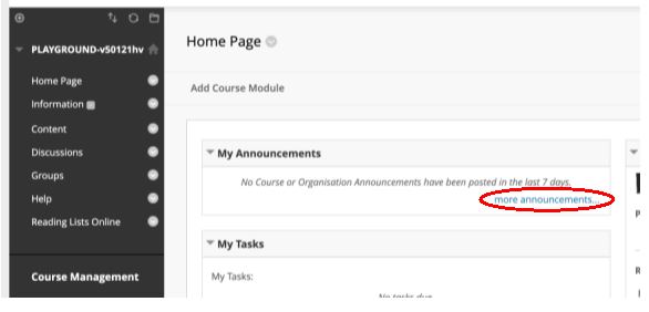 Indicates the More Announcements link within the Announcements section of the Blackboard course's Home page.