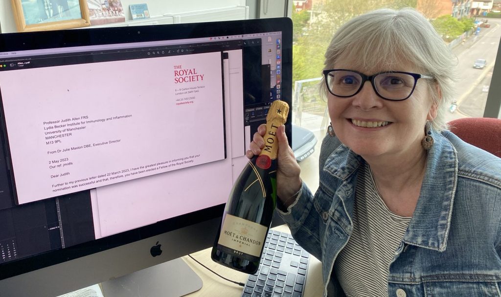 Photograph of Professor Judi Allen from the Lydia Becker Institute of Immunology and Inflammation, The University of Manchester, celebrating being elected as a Fellow of the Royal Society