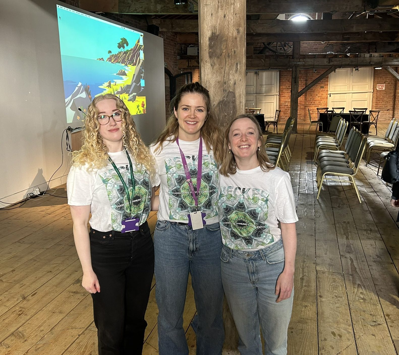 2024_03_08 T4TM MOSI Volunteers Lydia Becker Institute PhD students Holly Sedgwick, Olivia Shorthouse and Rachel Finlay at the Thanks for the Memories Science Day Science Day at the Science & Industry Museum