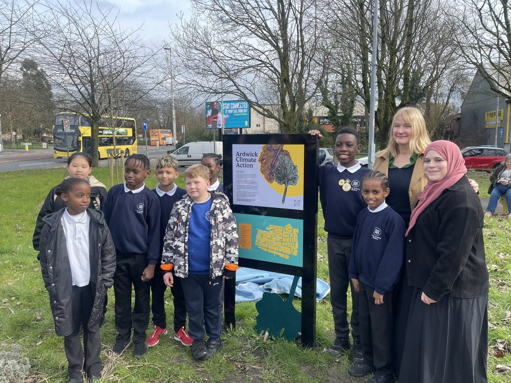 Ardwick Climate Action Green Route Launch 12th March Cllr Amna Abdullati, Professor Sheena Cruickshank and children from Medlock Primary School