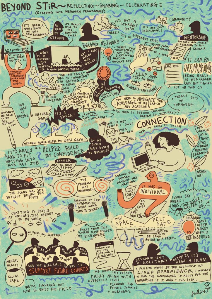colourful illustration showing reflections from the stepping into research.
