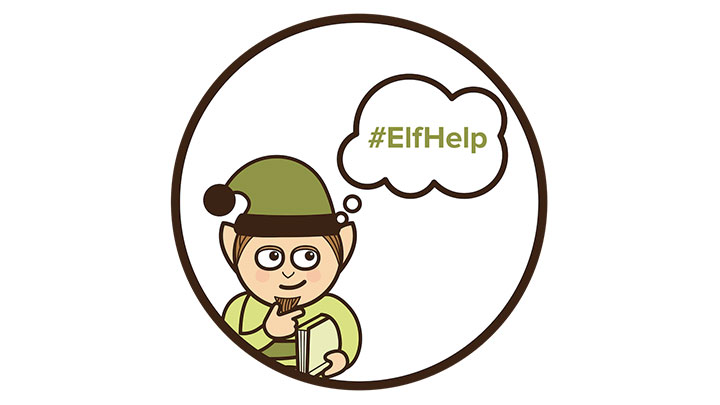 Illustration of an elf wearing green with a speech bubble saying #elfhelp.