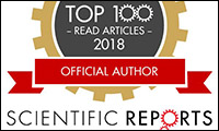 Logo of a golden cog with text: Top 100 read articles 2018 Official Author - Scientific Reports