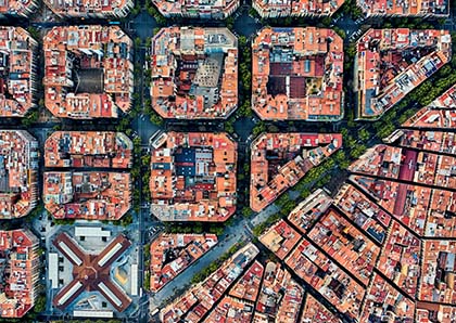 Barcelona Aerial Zenital view of its square blocks, old and new quarter