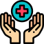 Icon of hands holding a red cross, symbolising a hospital.