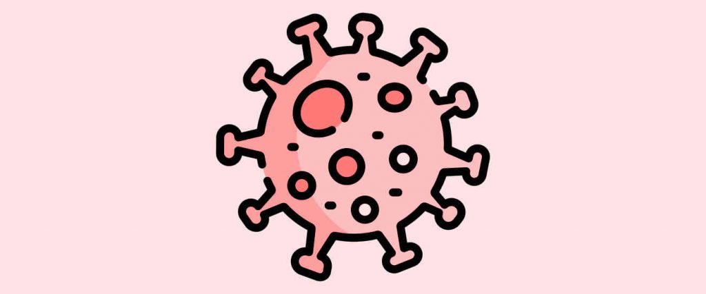 Illustration of a pink coronavirus.