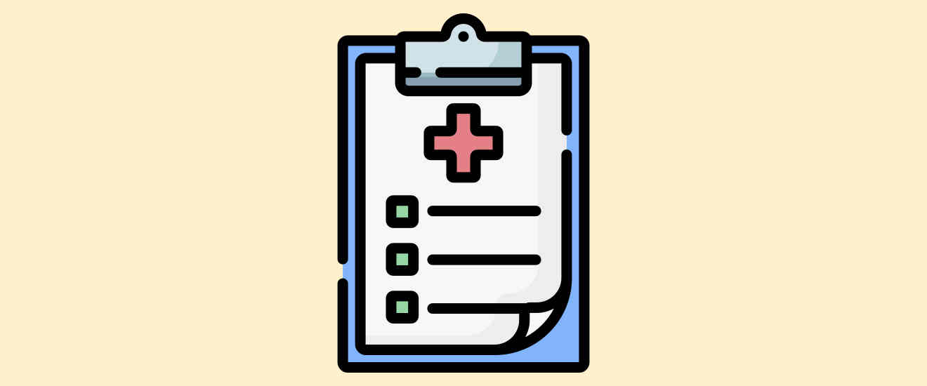 An illustration of a medical document on a clipboard.