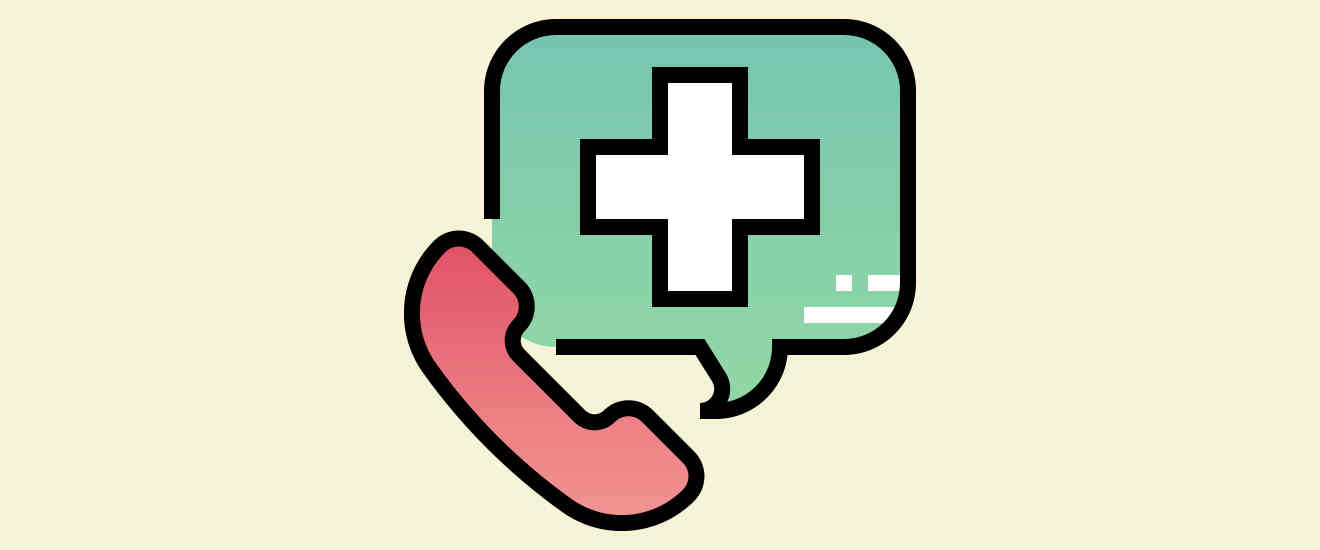 Illustration of a phone with a medical cross symbol on a speech bubble.