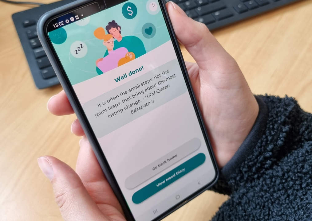 A smartphone displaying the app being tested in the DAWN-P study.