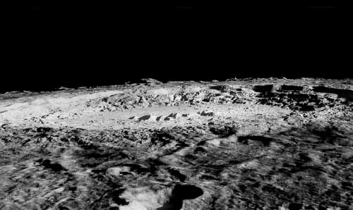 A black and white image of the Apollo 16 landing site on the Moon.