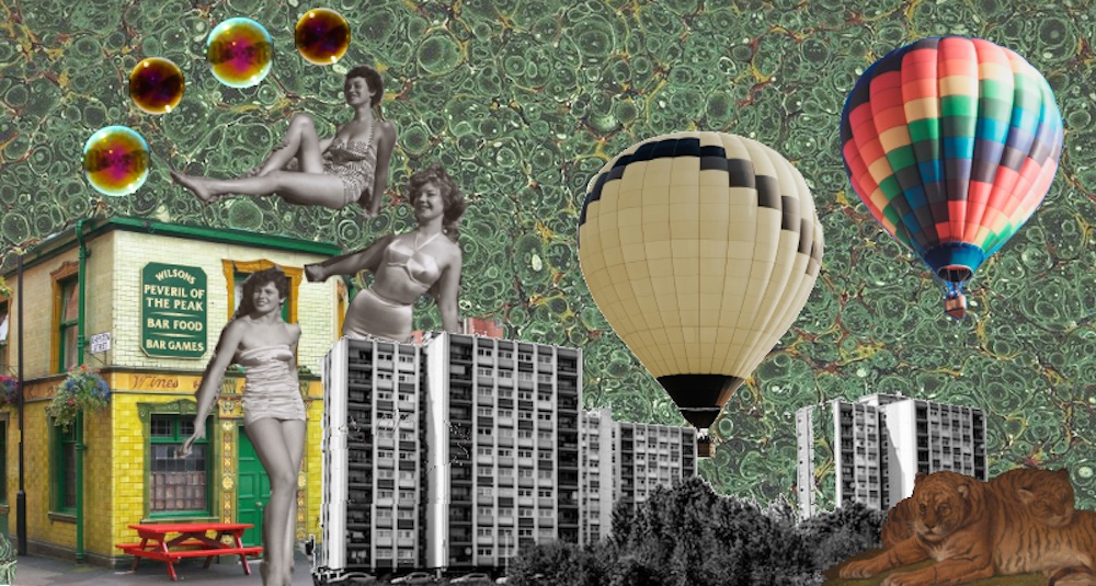 A collage reflecting motifs from Shelagh Delaney's work: The Peveril of the Peak pub, hot air balloons, bubbles, high-rise apartment blocks.