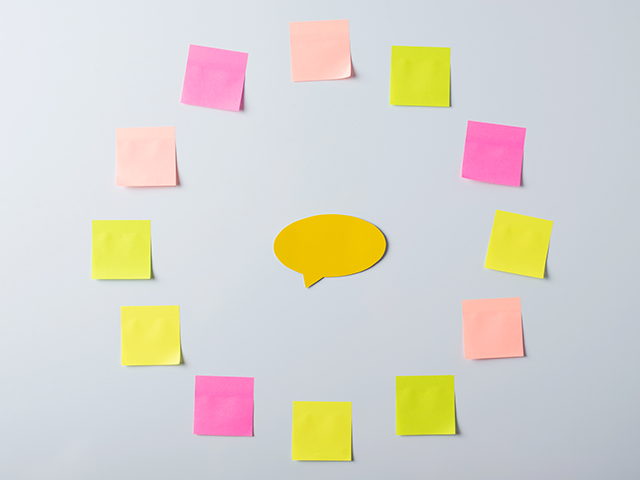 Post-it notes surrounding a speech bubble in a cycle.