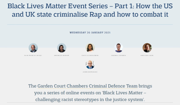 Promotional graphic for 'Black Lives Matter Event Series- Part 1: How the US and UK state criminalise Rap and how to combat it