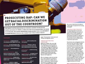 PDF cover with text reading 'Prosecuting rap: Can we get racial discrimination out of the courtoom?' and microphone graphic in background