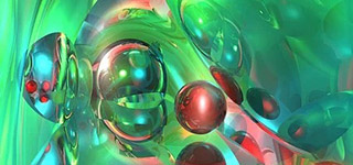 Bubbles of red and green in molten glass