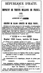 Newspaper advertisement for the 30 million franc loan issued by the Haitian government in 1825. Black and white text.