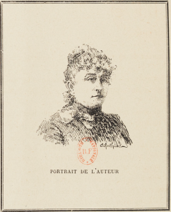A sketch of a woman from the shoulders up, looking slightly to the right, with hair worn high and a bow at her neck.