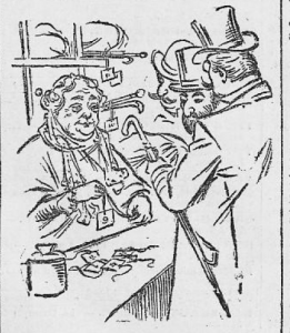 A sketch of Nathalie Lévy, showing an older woman from the waist up serving male clients across at counter at a coat check.