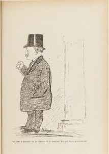A pen sketch of a man in profile, full length, wearing a top hat and with one hand in his pocket.
