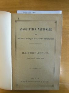 A printed book cover, reading "Association Nationale des Porteurs Francais de Valeurs Etrangeres' Annual Report from 1899-1900.