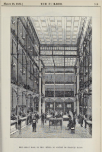 Newspaper graphic from the journal The Builder, 1882, depicting an interior room labeled 'The Great Hall' of 'The new 'hotel du crédit de France, Paris'. The hall is three storeys tall, rectangular, with crowds of clients and staff on the main floor surmounted by three storeys of galleries, and a glass ceiling.