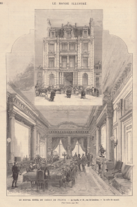 Newspaper graphic from Le Monde Illustré, January 1882, depicting interior offices of a bank. An inset image of the bank's exterior surmounts a large image of a luxurious meeting room, dominated by a central table receding to curtained windows, between mirrored walls and under a painted ceiling. Men are both seated at the table and standing in small groups.