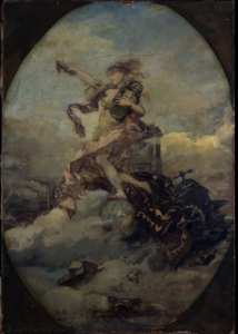 An oil painting by Henri Gervex depicting an allegorical female figure representing banking. The painting is oval-shaped and the figure stands on clouds, surmounts symbols of banking practice: account books, a globe, a safe, a bill press. There are images of factories in the background beneath the figure.