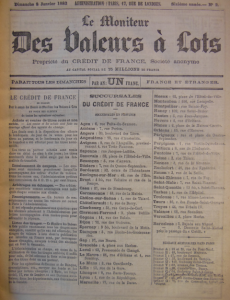Front page of a newspaper. Masthead reads 'Moniteur des Valeurs à Lots' and three columns of text list the branches of the Crédit de France across the country.