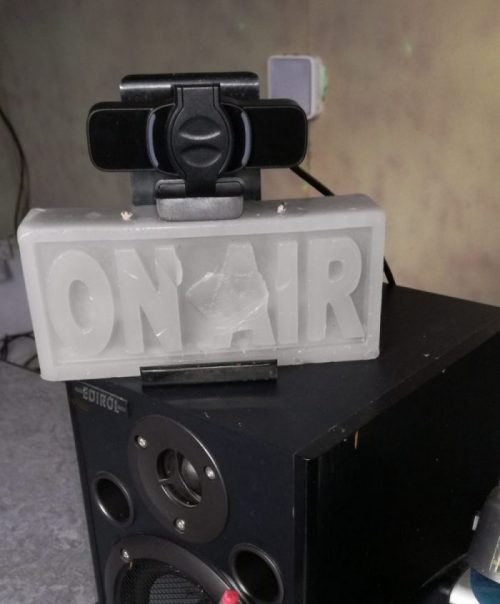 ‘On Air’ sign in the Crescent Community Radio studio (Musical Memories) 'On Air' sign and base speakers in the Crescent Community Radio studio