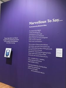 Image of poem titled 'Marvellous to Say... a found poem' by Melanie Giles on wall of Sheffield Weston Park Museum
