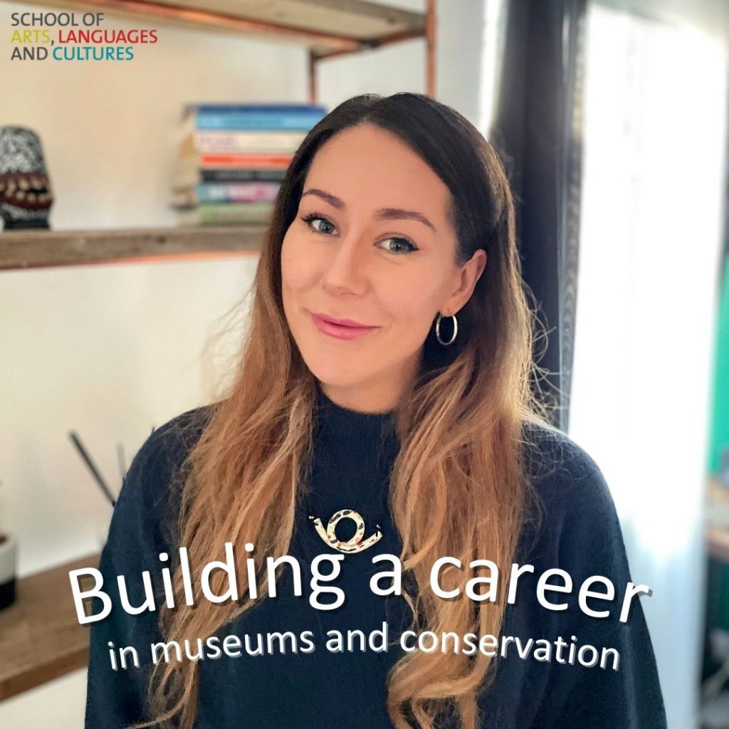 A photo of Amy Stevenson, with the text "Building a career in museums and conservation"